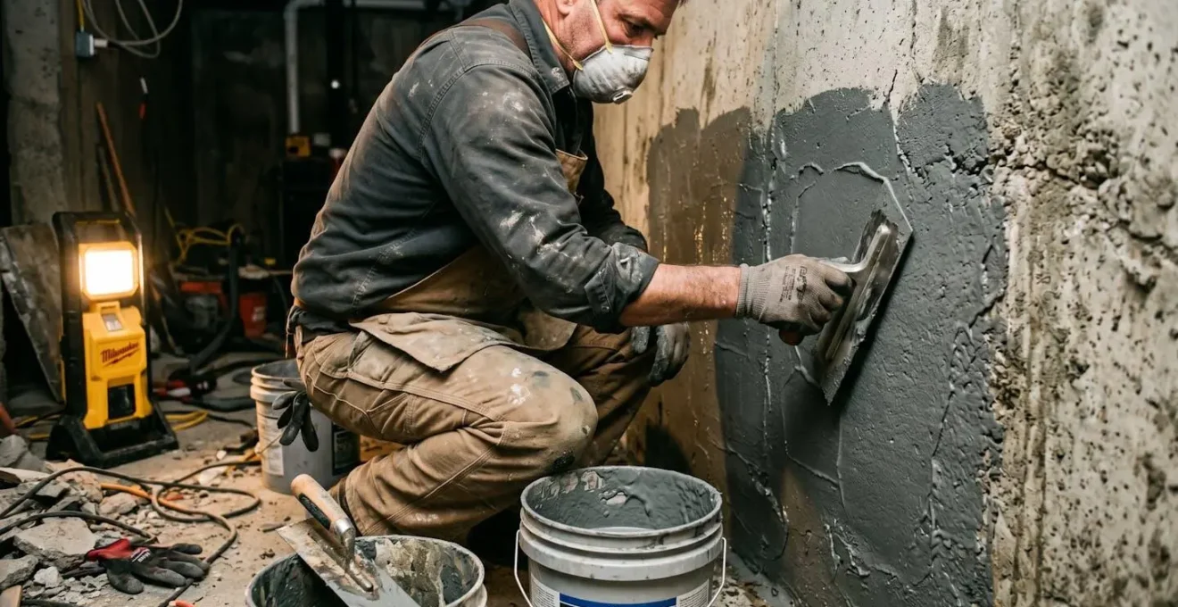 Professionnel du bâtiment appliquant un enduit d'étanchéité sur un mur de sous-sol