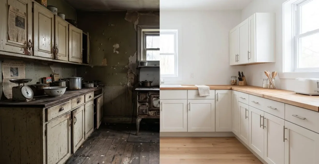 Avant et après rénovation d'une cuisine : du vétuste au moderne.