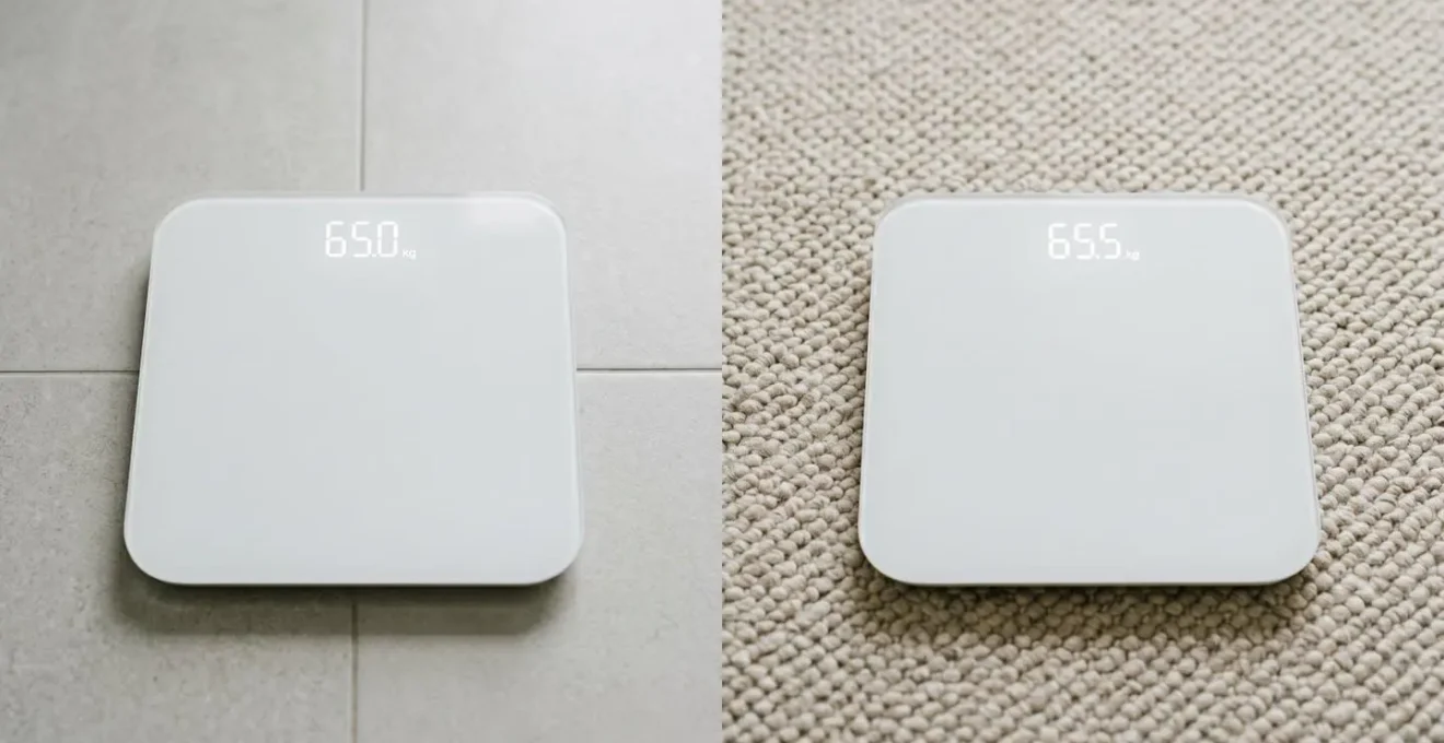 Deux balances identiques sur carrelage et sur tapis affichant des poids différents.