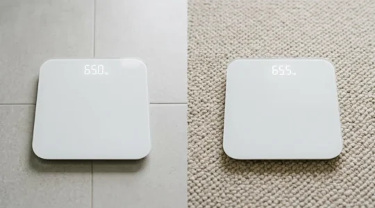 Deux balances identiques sur carrelage et sur tapis affichant des poids différents.