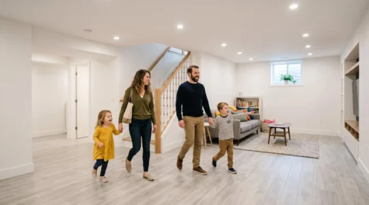 Famille découvrant un sous-sol rénové et lumineux avec murs blancs et éclairage moderne
