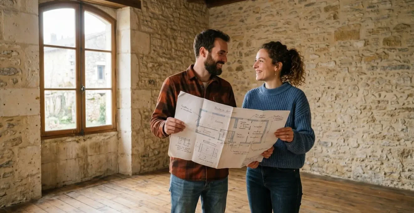 Un jeune couple dans une maison à rénover, tenant un plan de travaux.