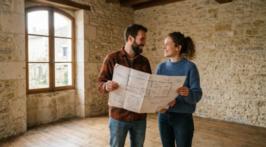 Un jeune couple dans une maison à rénover, tenant un plan de travaux.