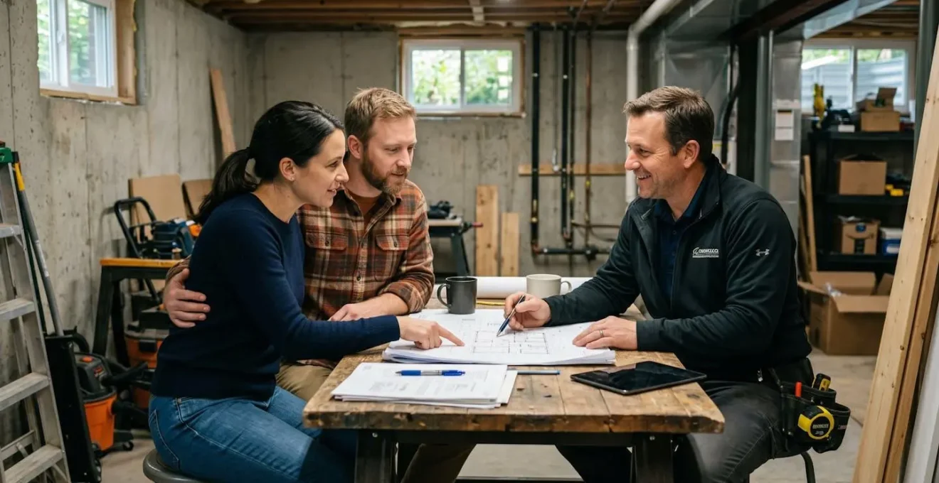 Couple de propriétaires consultant des plans d'aménagement avec un professionnel dans un sous-sol