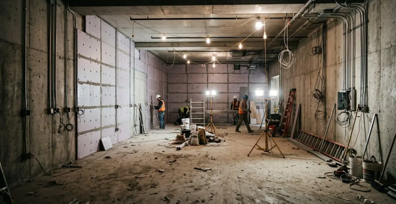 Sous-sol en cours d'aménagement avec isolation des murs et installation électrique apparente