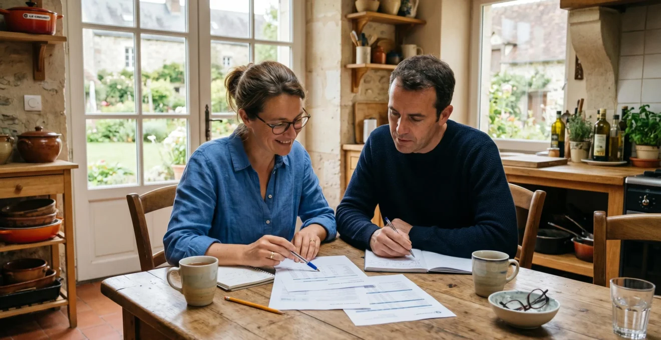 Couple d'épargnants français étudiant leurs documents bancaires autour d'une table de cuisine lumineuse