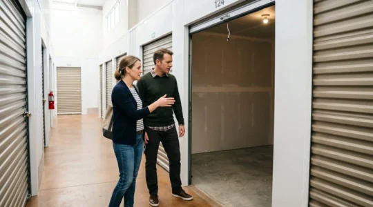 Deux personnes devant un box de stockage ouvert, en train de discuter d'un arrangement de partage