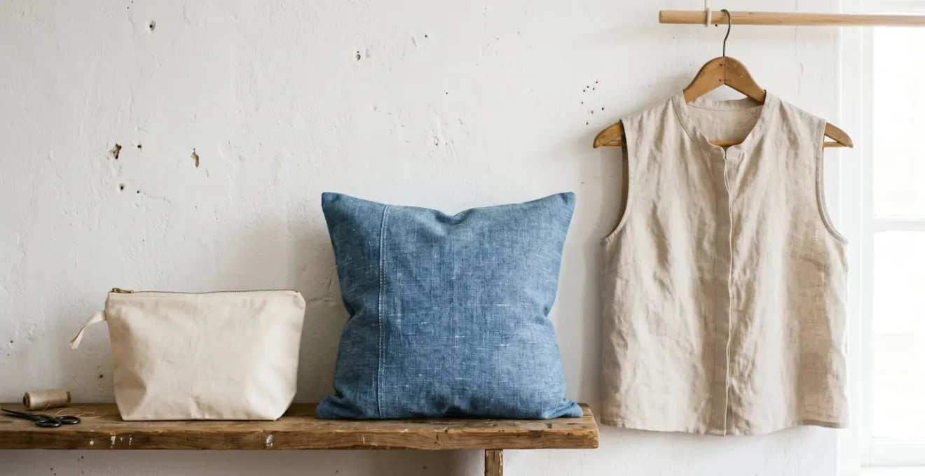 Trois créations textiles de difficulté croissante alignées (trousse en popeline, coussin en chambray, blouse en lin) illustrant la progression débutante en couture