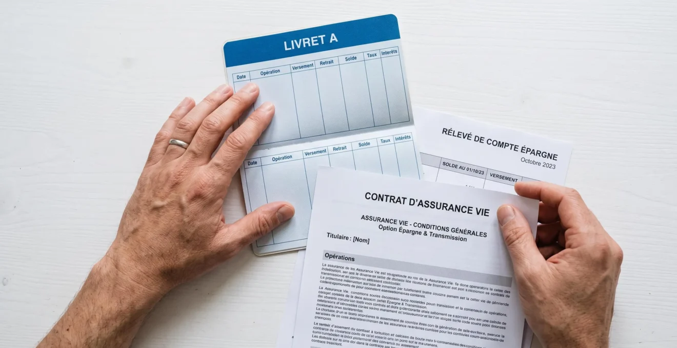 Vue de dessus de mains comparant un Livret A et des documents d'assurance vie sur une table