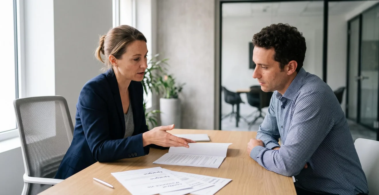 Conseiller financier et client discutant d'options d'assurance vie lors d'une consultation dans un bureau de gestion de patrimoine