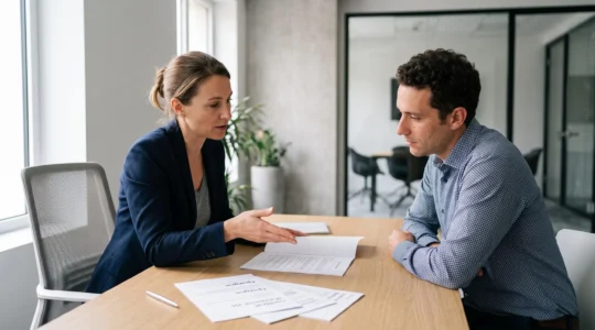 Conseiller financier et client discutant d'options d'assurance vie lors d'une consultation dans un bureau de gestion de patrimoine