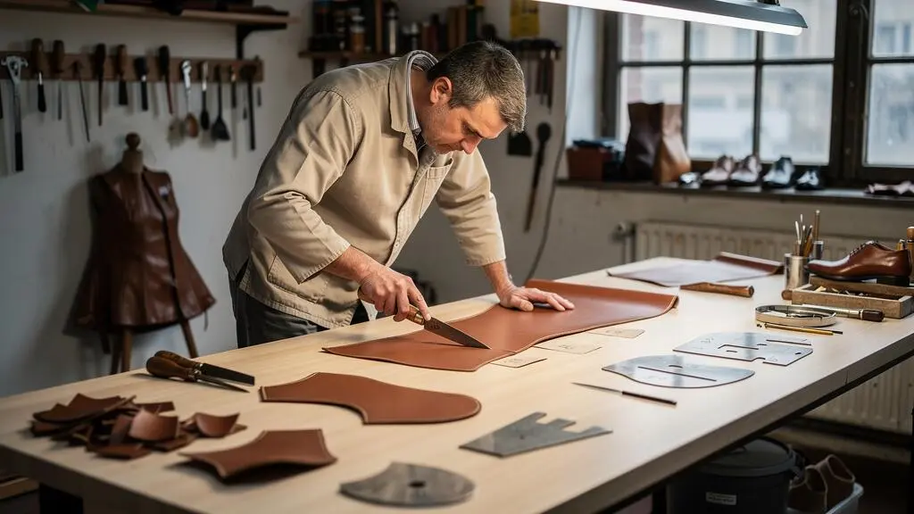 Artisan découpant avec précision des pièces de cuir selon des patrons traditionnels sur une table de coupe d'atelier