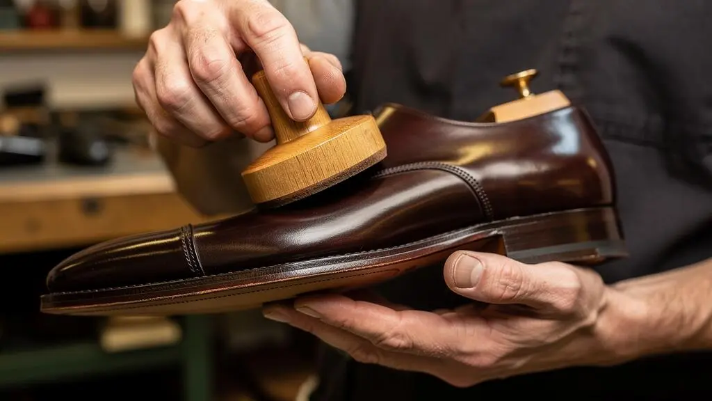 Mains d'artisan réalisant la finition du montage d'une chaussure richelieu en lustrant la tranche de semelle avec un outil traditionnel