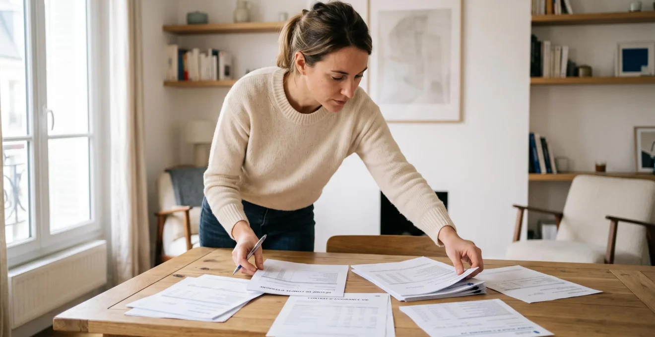 Personne dans la trentaine consultant et organisant des documents d'épargne et relevés d'assurance vie sur une table à domicile