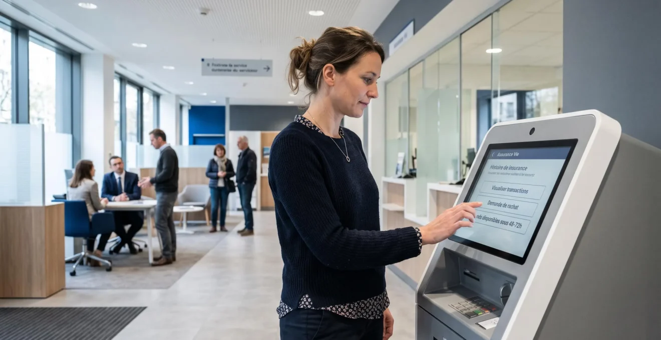 Personne effectuant une opération bancaire liée à son assurance vie sur une borne en agence bancaire française
