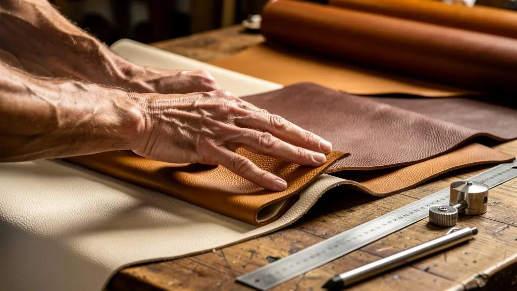 Mains d'artisan sélectionnant et examinant la qualité d'une peau de cuir pleine fleur sur une table de découpe d'atelier