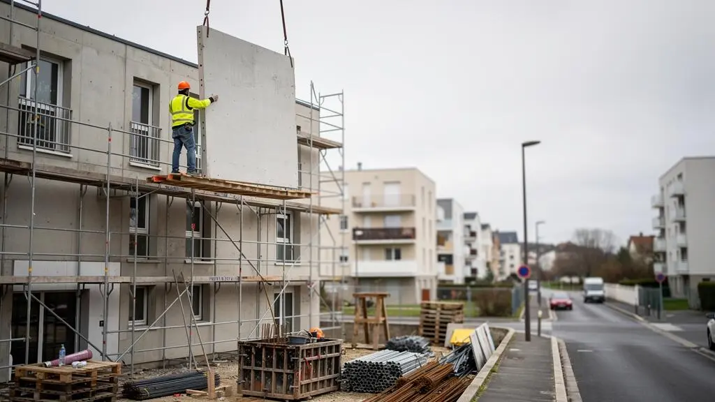 Un ouvrier du bâtiment guide un panneau de béton levé par une grue sur un chantier de logements sociaux en France.