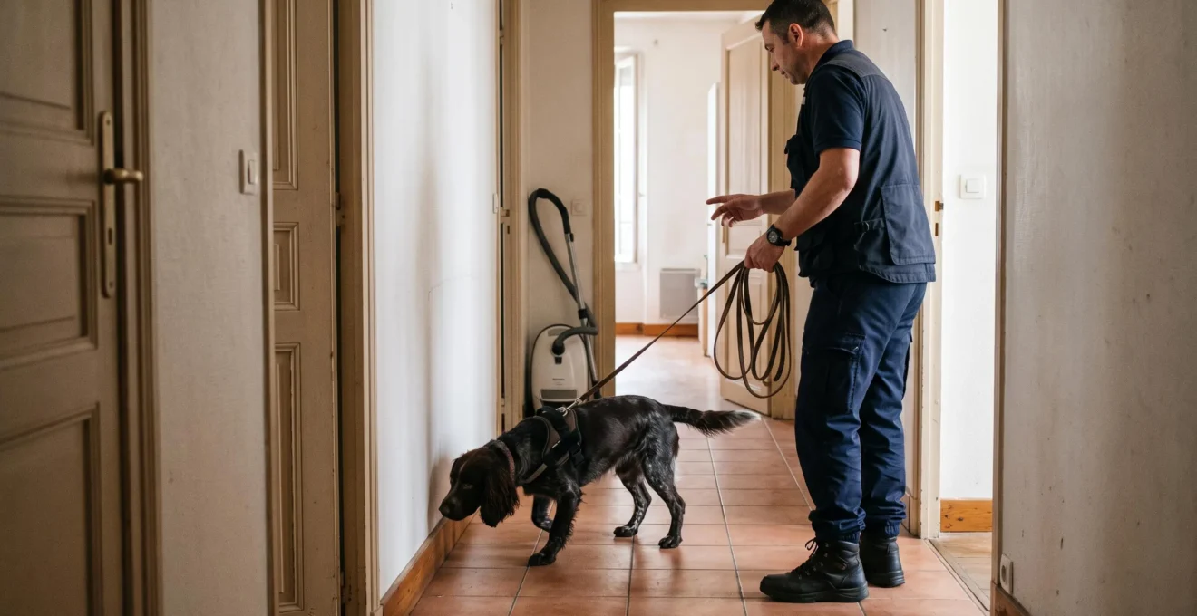 Un chien détecteur inspectant la plinthe d'un couloir d'appartement, guidé par son maître-chien à la laisse.