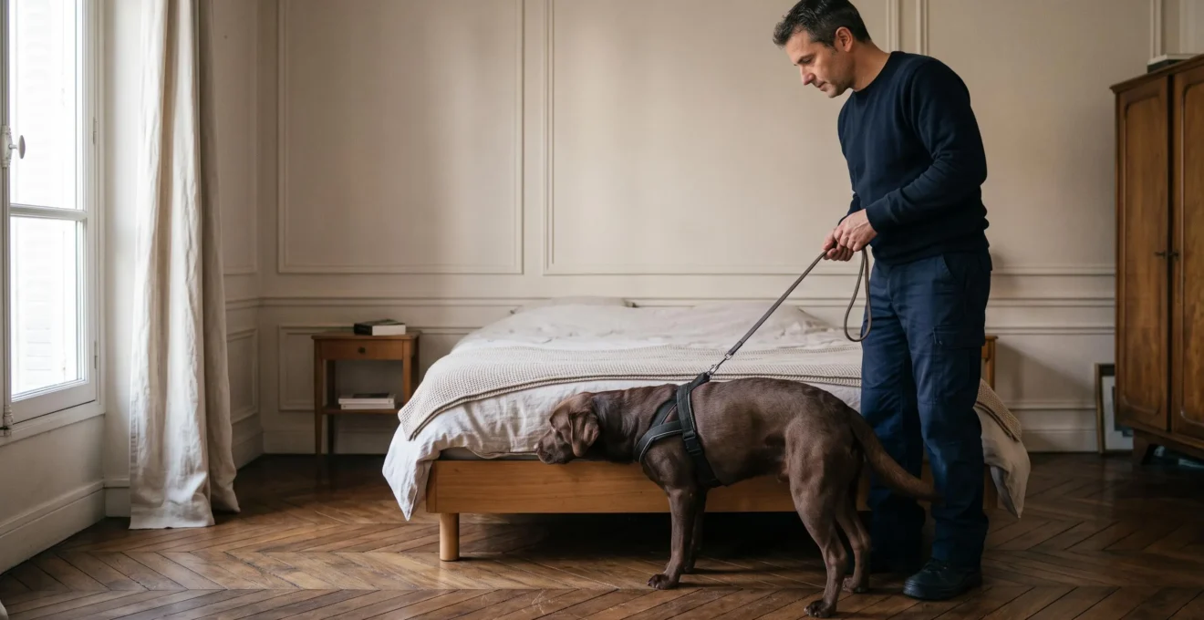 Un chien détecteur reniflant le matelas d'une chambre pendant une inspection, accompagné de son maître-chien dans un appartement.