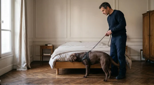 Un chien détecteur reniflant le matelas d'une chambre pendant une inspection, accompagné de son maître-chien dans un appartement.