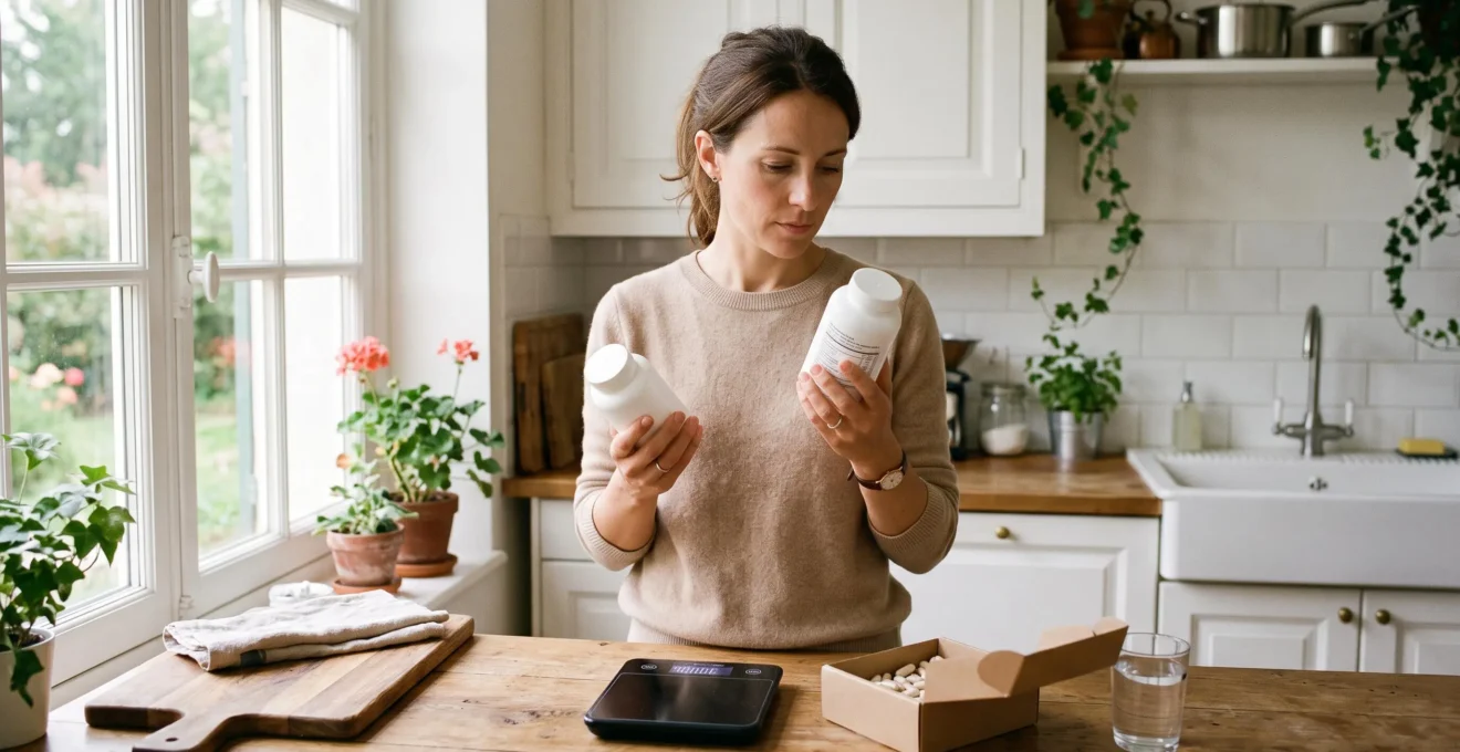 Une femme compare les étiquettes de deux flacons de compléments alimentaires sur le plan de travail de sa cuisine.