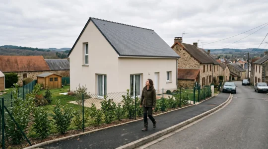 Maison individuelle récente construite sur une petite parcelle le long d'une rue résidentielle d'un bourg densifié près de Brive-la-Gaillarde, une femme marchant sur le trottoir.