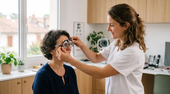 Optométriste réglant un cadre d'essai de lentilles sur le visage d'une patiente lors d'un examen de vue en cabinet