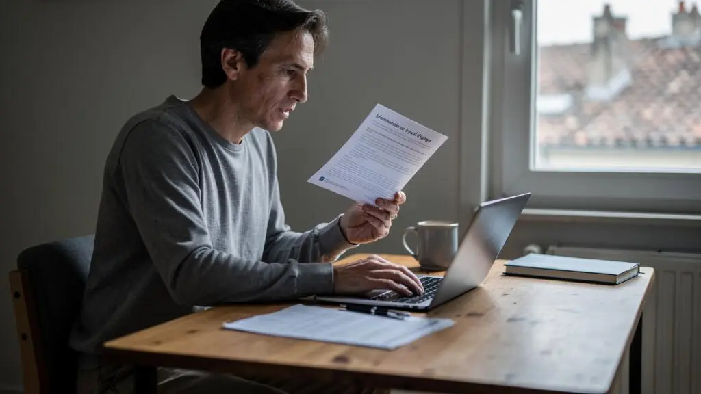 Une personne compare une notice imprimée et des documents sur son bureau avant de placer son épargne.