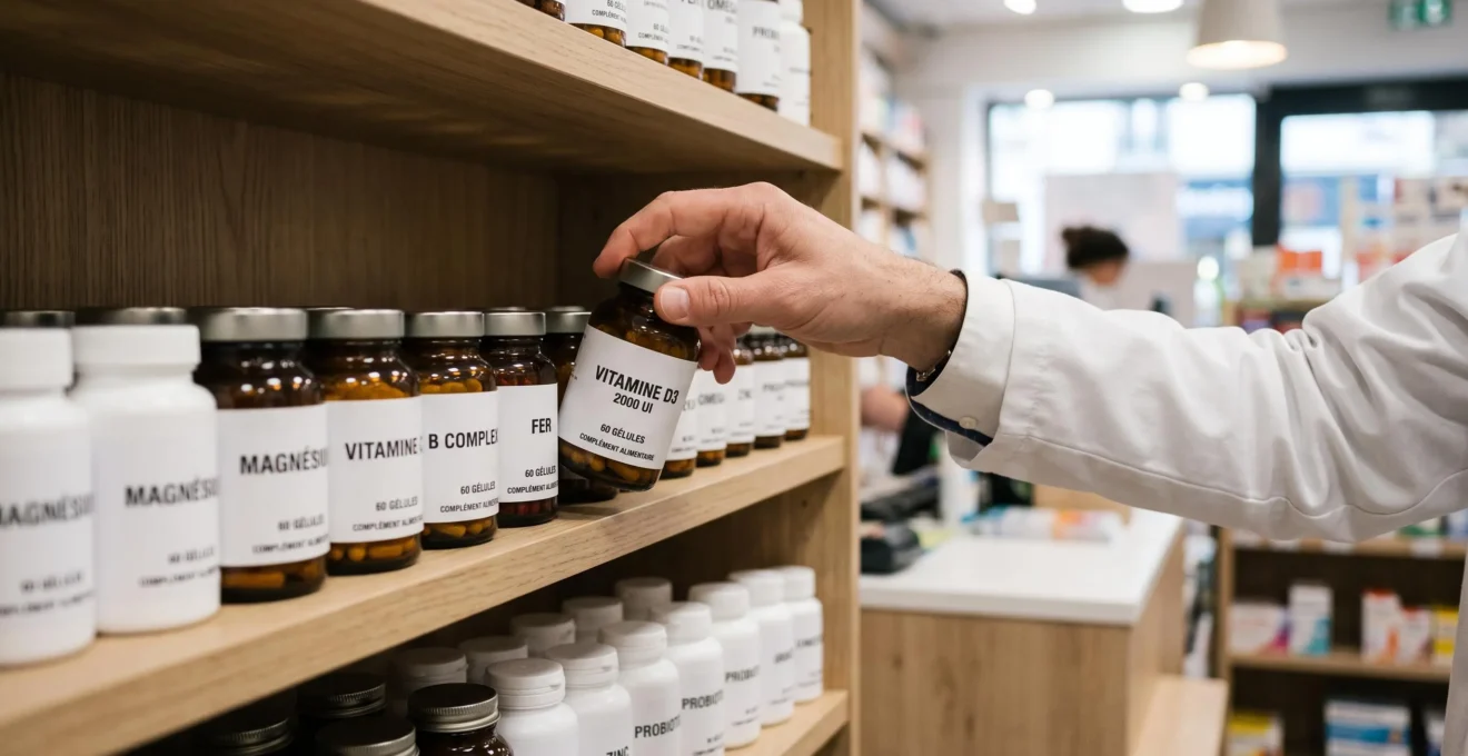 La main d'un pharmacien attrape un flacon de compléments alimentaires sur un rayonnage de officine.