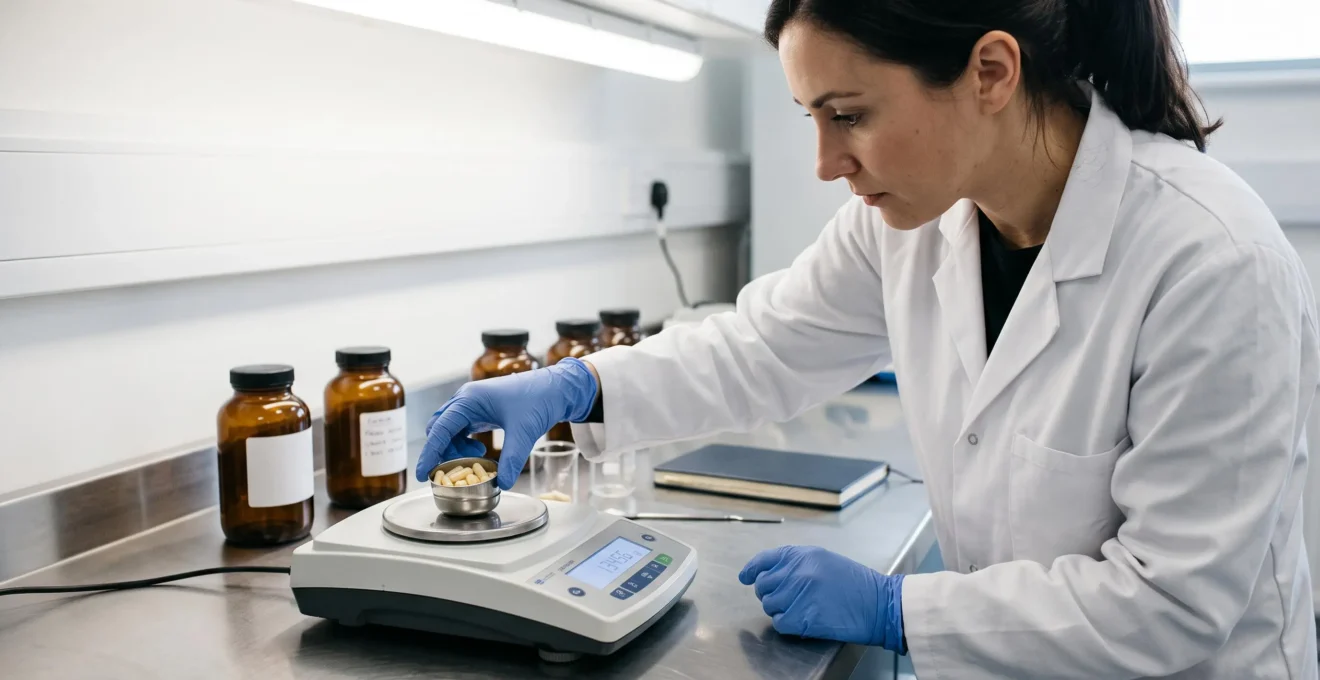 Une technicienne de laboratoire pèse des gélules sur une balance de précision lors d'un contrôle qualité.