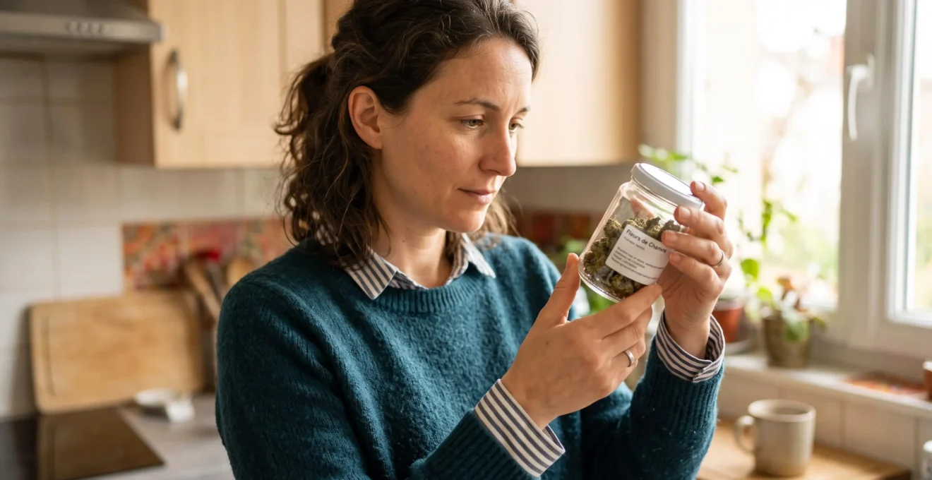 Une cliente examine un pot de fleurs de CBD près d'une fenêtre chez elle.
