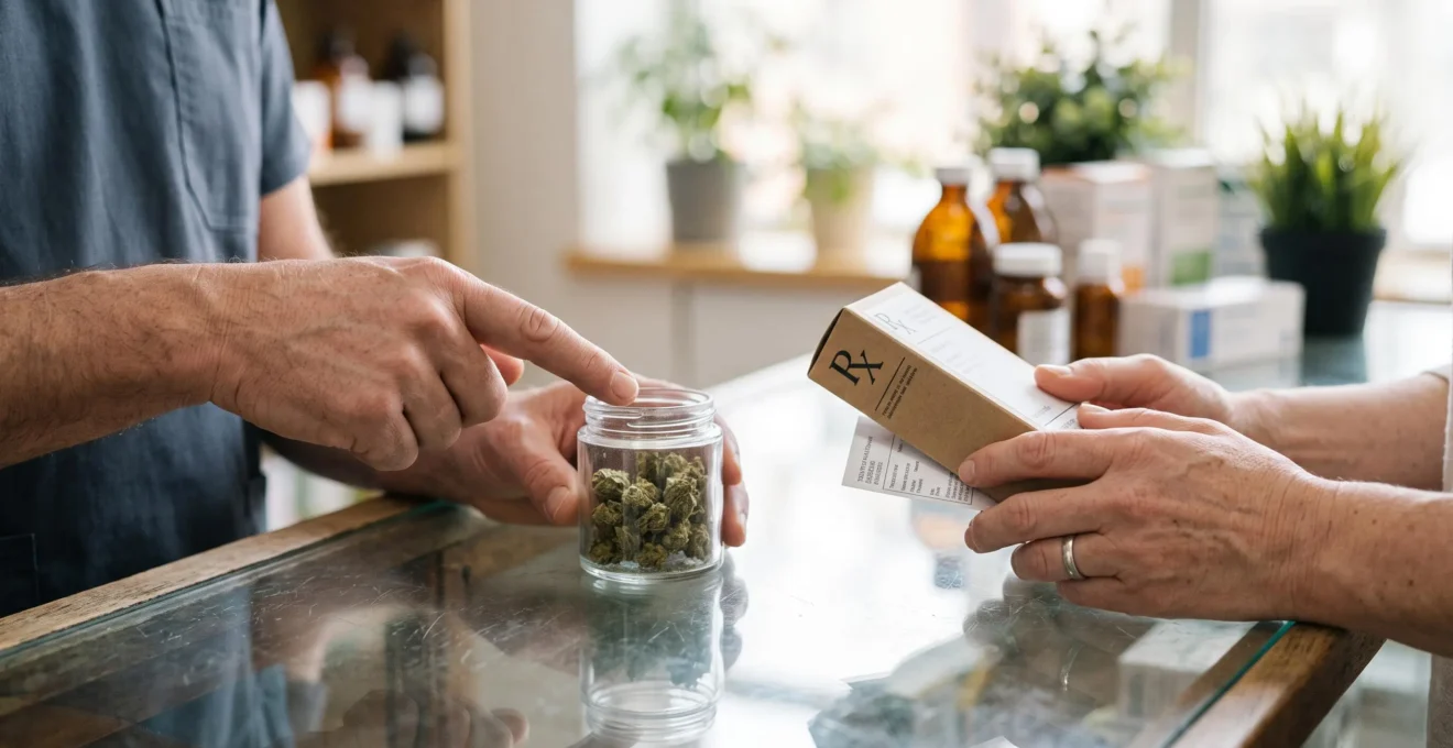 Les mains d'un pharmacien montrent un pot de CBD à côté d'une boîte de médicaments.