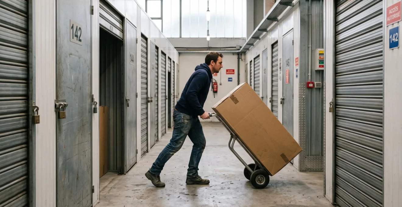 Une personne pousse un diable chargé d'un carton dans un couloir de self-stockage.