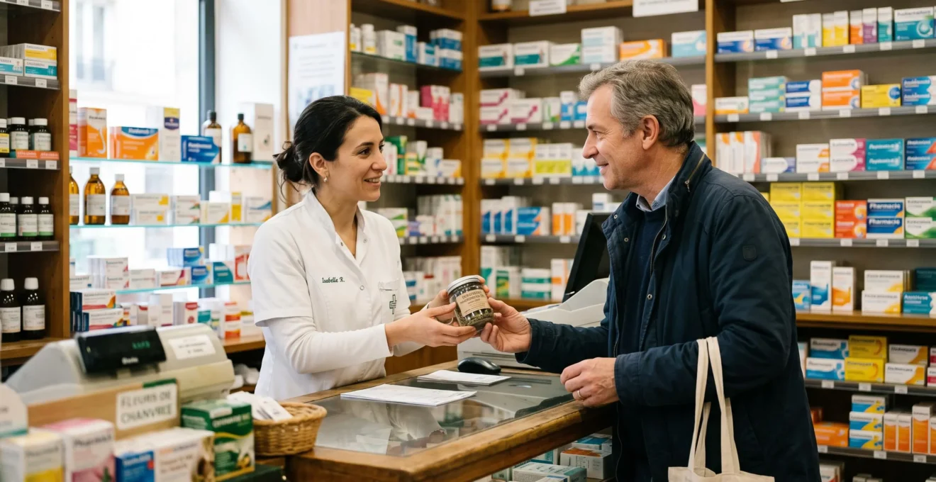 Un pharmacien remet un petit pot de fleurs de CBD à une cliente au comptoir.