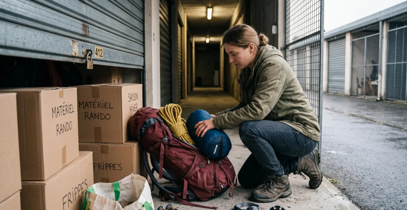 Un voyageur range sac à dos et matériel de randonnée dans un petit box de stockage.